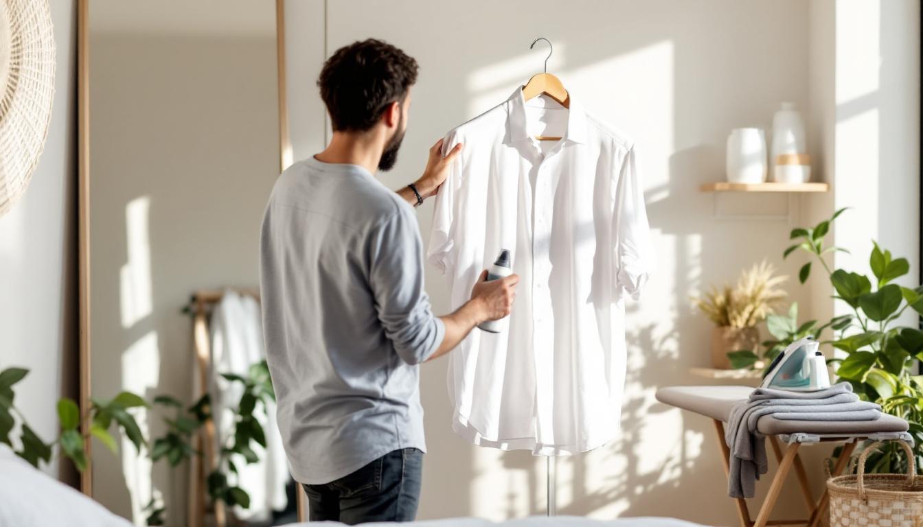 deze handige huisspray maakt strijken overbodig en zorgt ervoor dat overhemden snel en gemakkelijk kreukvrij worden.