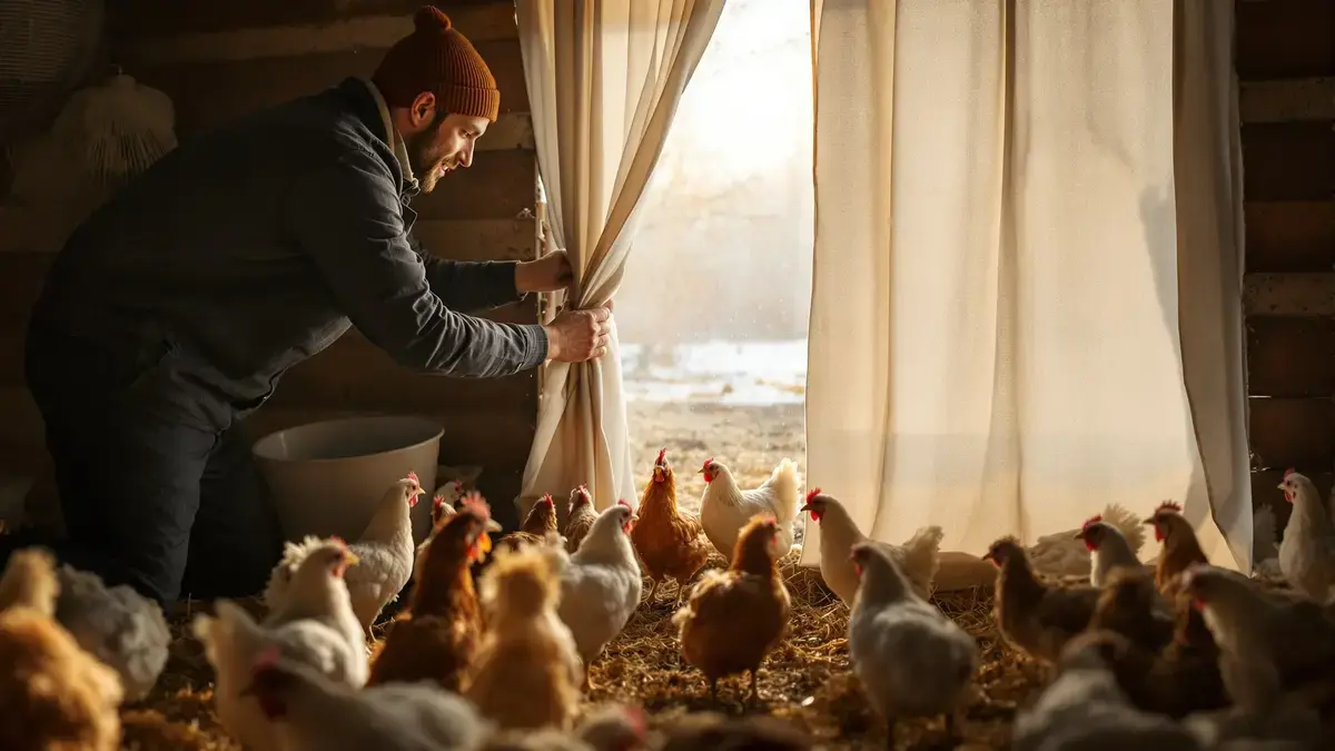 Een eenvoudig gordijn in het kippenhok beïnvloedt de legproductie en de gezondheid van de kippen gedurende de hele winter