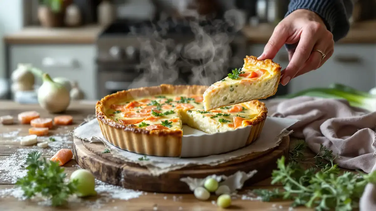 Vier hoofdingrediënten, geen korst: quiche met prei en gerookte zalm die in de mond smelt en de winter lichter maakt