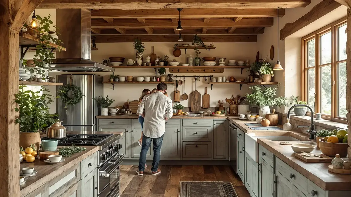 Ruwe materialen, zichtbaar hout, gepatineerde objecten: de keuken in boerderijstijl keert in 2026 terug, maar met nieuwe codes